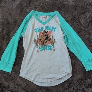 Ariat Wild Bronc Motel Raglan Shirt - Teal and White
